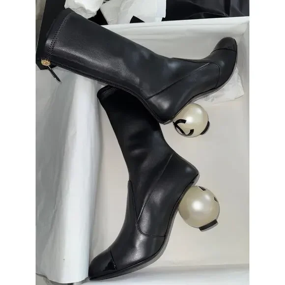 Chanel 25K Black White Pearl Ball Heel CC Logo Stretch Leather Calf Boots 37.5 - Picture 11 of 16